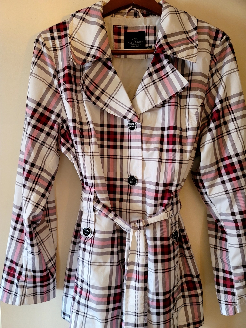 Faded Glory Women’s White Plaid Trench Coat with Pink and Black Accents